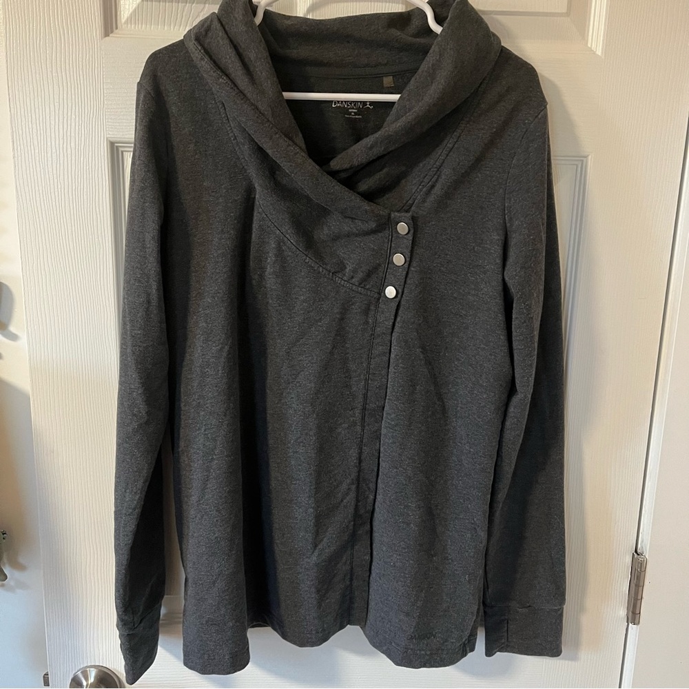 Danskin Dark Gray Snap-Collar Cowl Neck Sweater